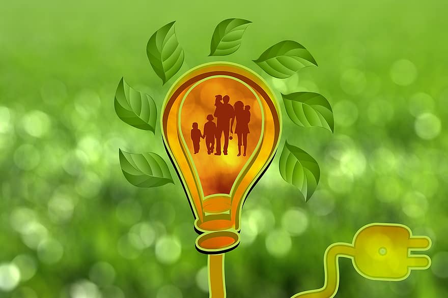 電球、電気、エネルギー、家族、自然保護区、環境、環境を守ること、エコロジー、自然、生態学的に、と思う