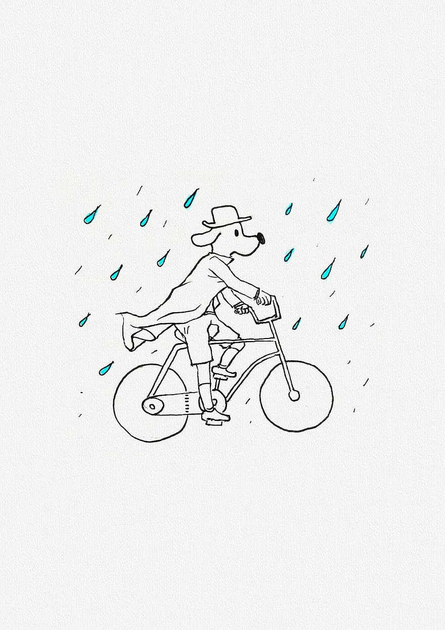 hunder, sykler, regn, reise, tristhet, regnfulle dager, eventyr