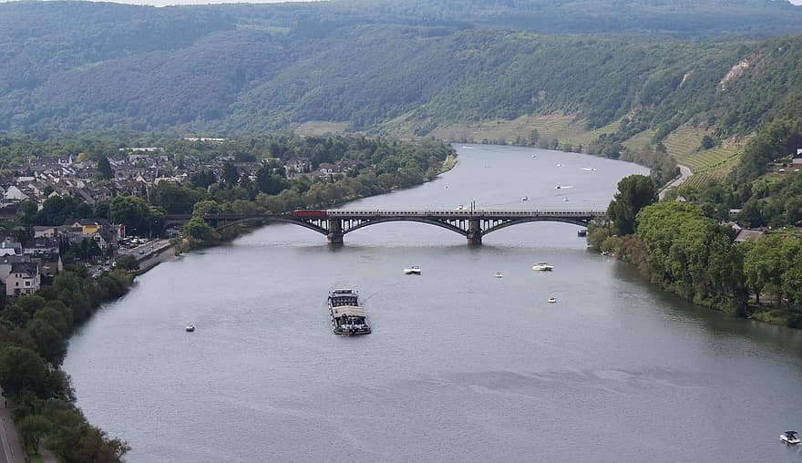 Train, Bridge, Moselle, Koblenz, Ship, Water