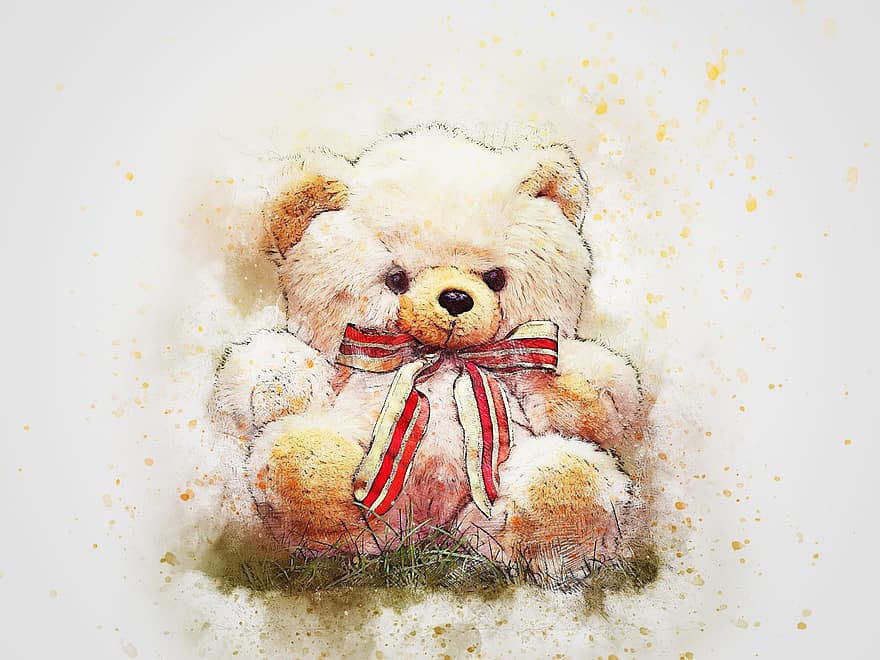 Teddy, Bear, Sitting, Art, Abstract, Watercolor, Vintage, Animal, Colorful, T-shirt, Artistic