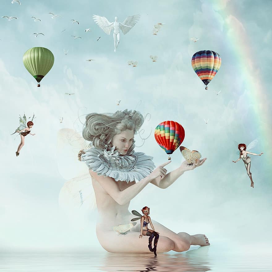 balão, Diversão, vôo, paraquedas, pessoas, alegria, felicidade, gozo, céu, fada