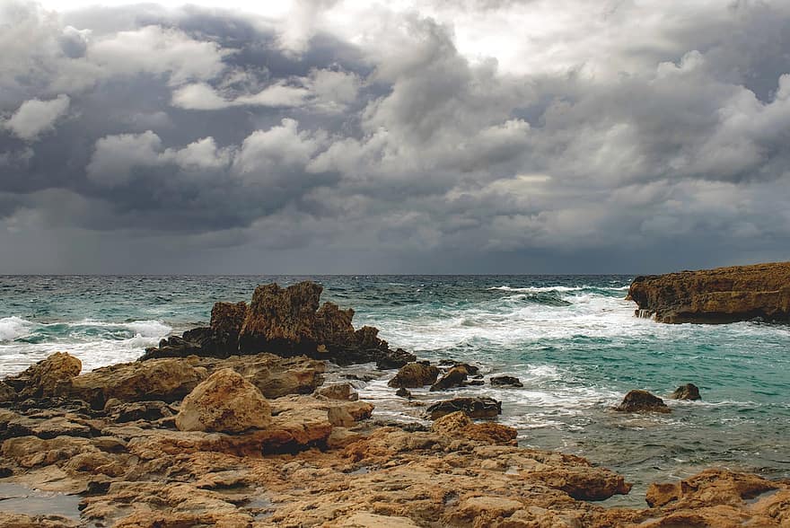 καταιγίδα, παραλία, βράχια, ακτή, τοπίο, θάλασσα, φύση, ορίζοντας, καιρός, κυματιστά, σύννεφα