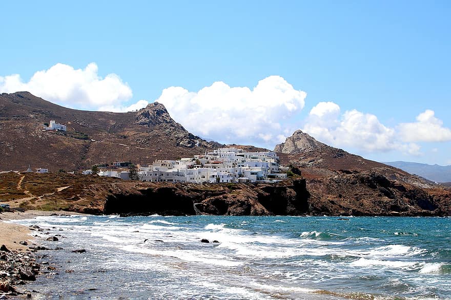 klippa, by, hav, kust, kustlinje, vatten, bergen, bergskedja, cyclades, naxos, grekland