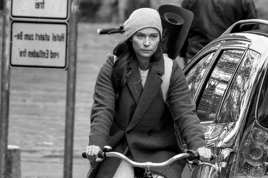 kvinne, sykkeltur, by, sykkel
