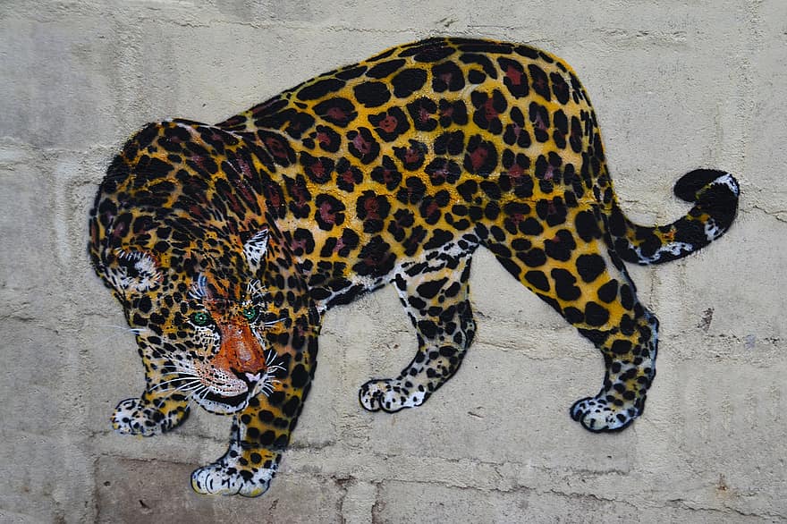 леопард, настінне мистецтво, графіті, орієнтир, стіна, коричневий, тварина, вуличне мистецтво, на відкритому повітрі, малювання, живопис