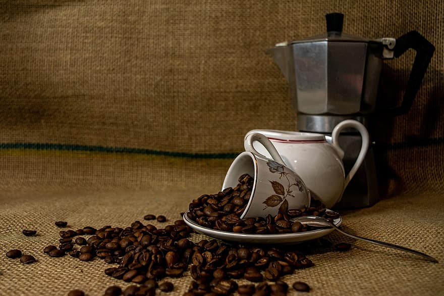 káva, fazole, semínko, kofein, džbánek, pohár, hrnec, lžíce, kavárna, aroma, opečený