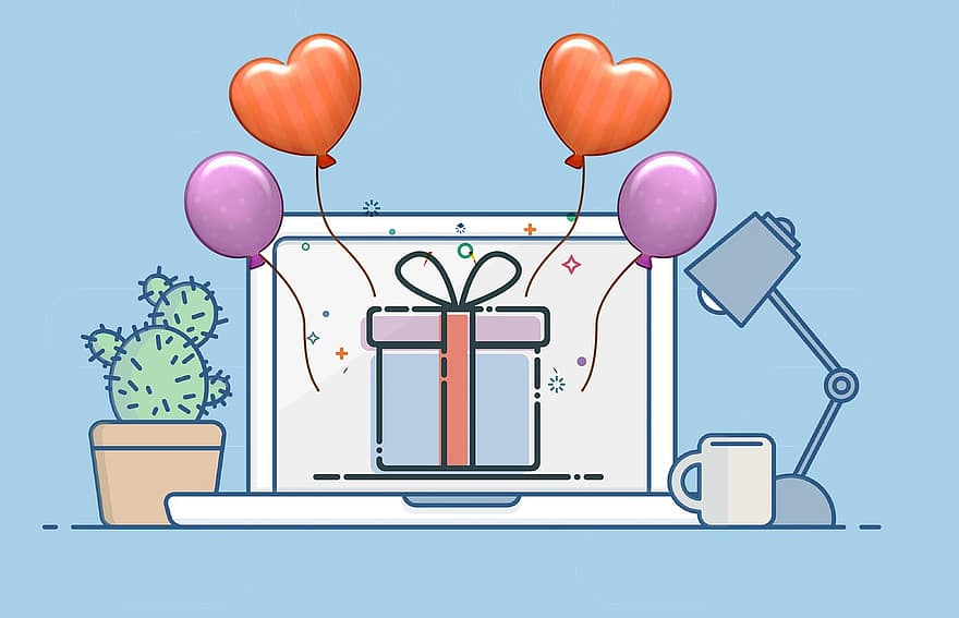 laptop, dar, oslava, pracoviště, pojem, podnikání, balón, plocha počítače, rok, online, 2020
