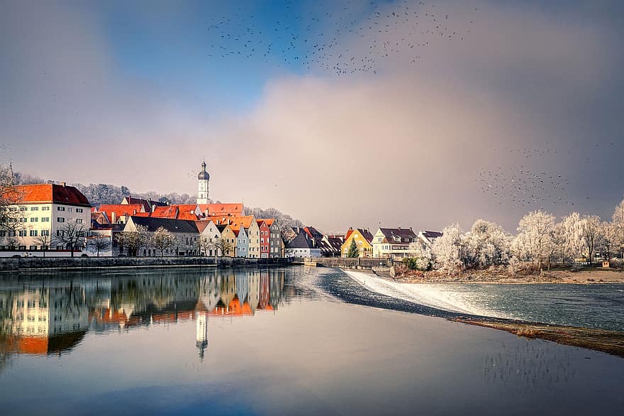 innsjø, Landsberg, by, vinter, landskap, arkitektur, vann, berømt sted, reise, blå, gammel