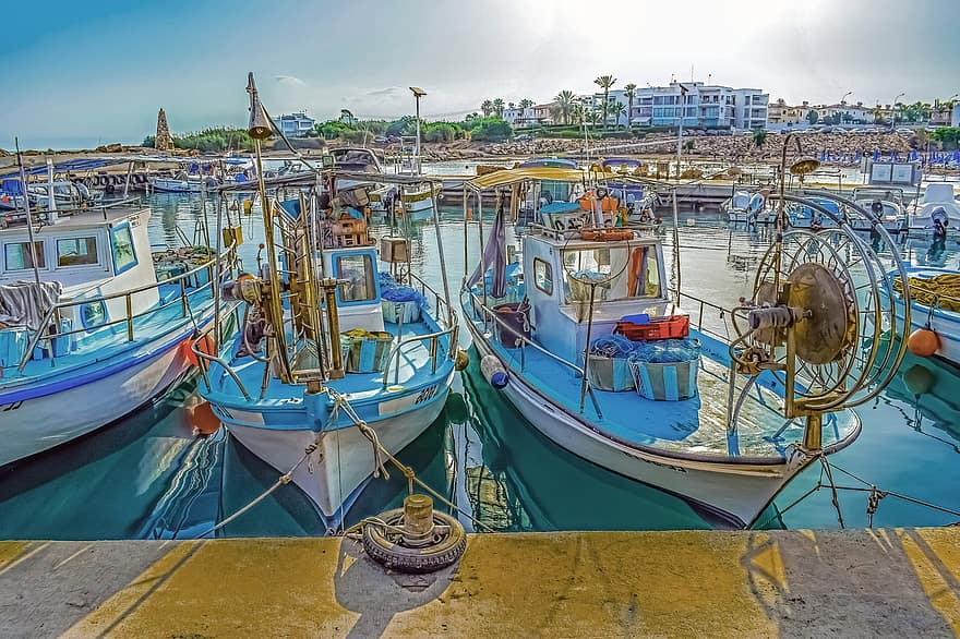 port rybacki, łódź, sceneria, wyspa, śródziemnomorski, triada ayia, Cypr, popołudnie, światło, odbicia