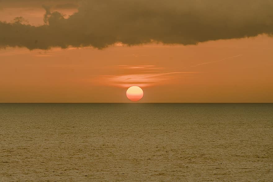 marinemaleri, solnedgang, hav, ocean, vand, horisont, skyline, solopgang, daggry, skumring, sol