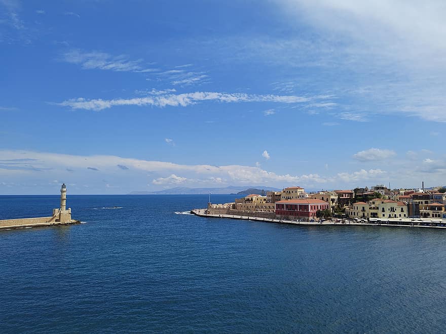 Chania, Port, Sea, Crete, Greece, Mediterranean Sea, Venetian Port, Lighthouse, Old Town, water, blue