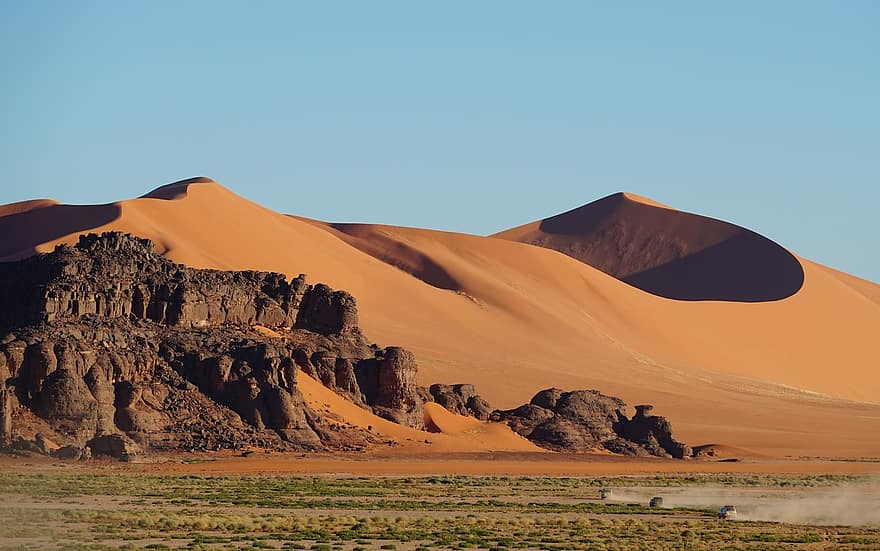 sanddyner, öken-, sten formation, mesa, sand, hoodoo, karg, algeriet, sahara, landskap, natur