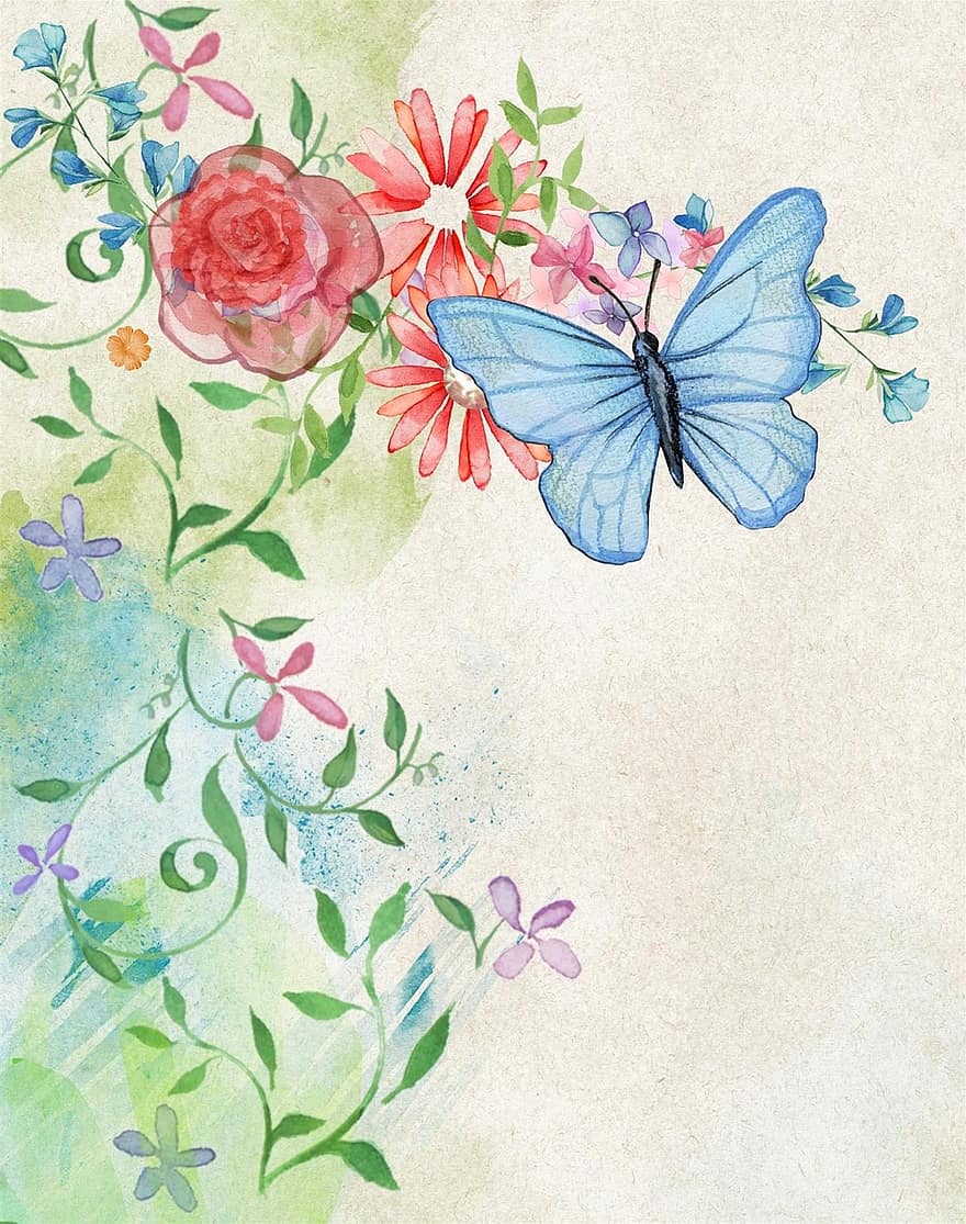 årgang, scrapbog, akvarel, baggrund, side, sommerfugl, Rose, blomst, buket, hjerte, papir