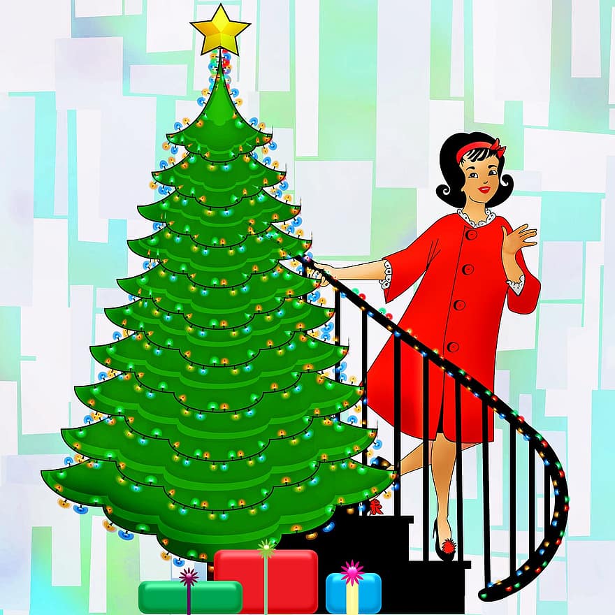 kvinna, julgran, gåvor, retro, jul, jul bakgrund, tecknad serie, rolig, människor, Lycklig