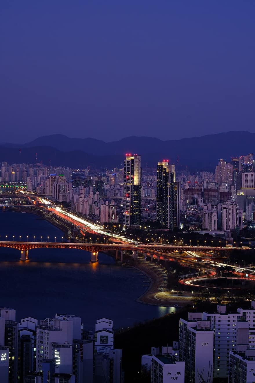 Seoul, by, elv, natt, korea, lys, bro, hovedvei, bygninger, bybildet, skyline