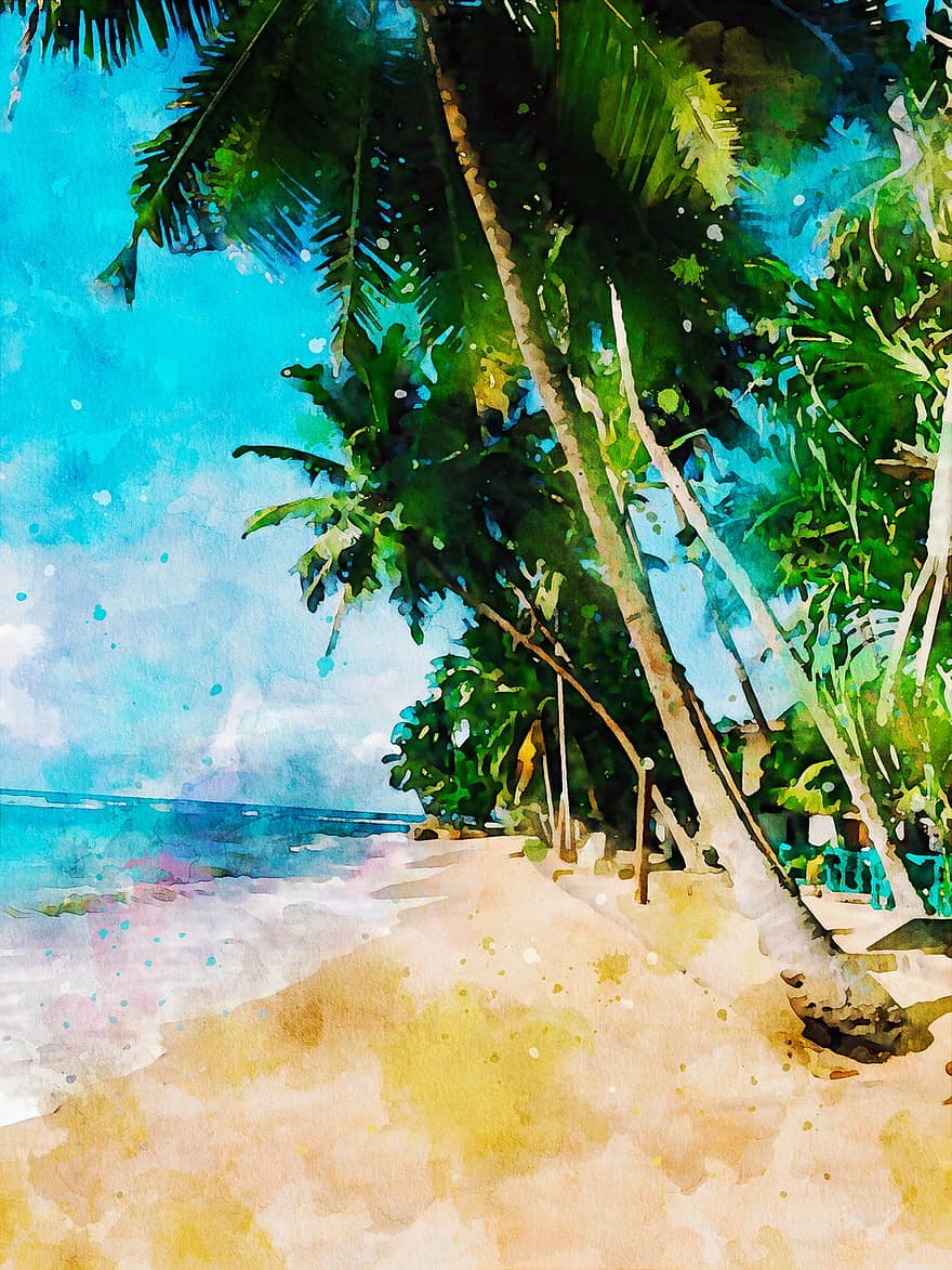 Strand, palmer, maleri, vannfarge, Maldivene, kyst, strandlinjen, hav, trær, natur, scenisk