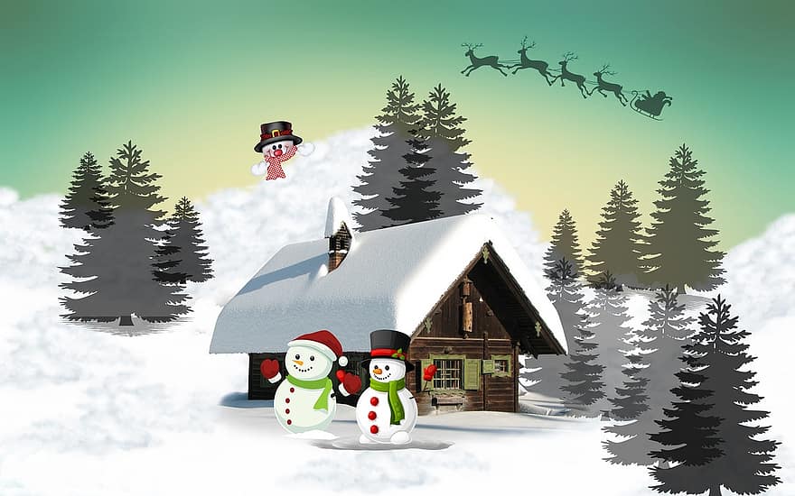 kunst, vinter, jul, glædelig jul, snemand, december, illustration, julemanden