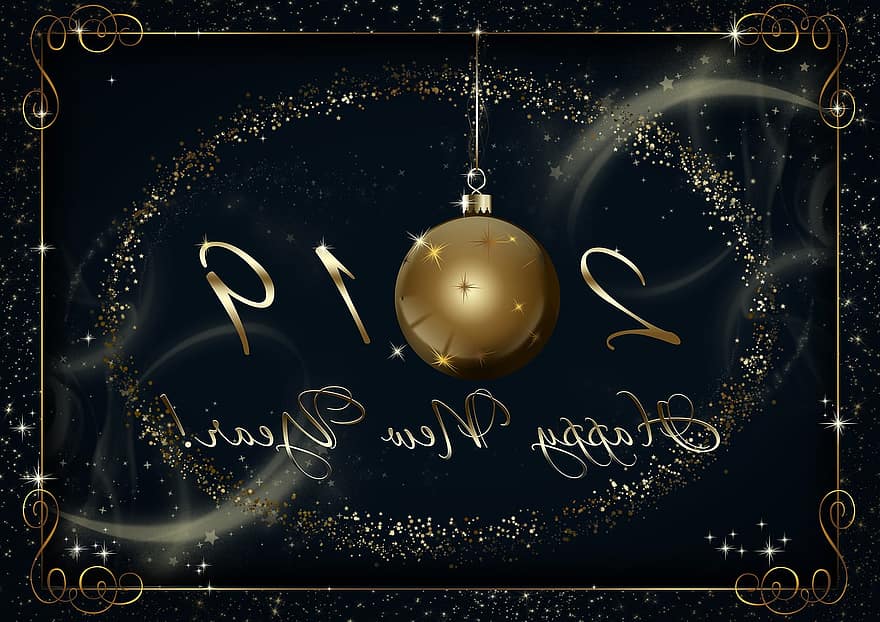 Neujahr, Postkarte, Hintergrund, Blau, dunkel, golden, Ball, Dekoration, glänzend, Design, 2019