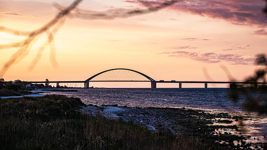 Fehmarn Sound Bridge, Beach, Sunset, Fehmarn, Sea, Ocean, Bridge, Baltic Sea, dusk, water, sunrise