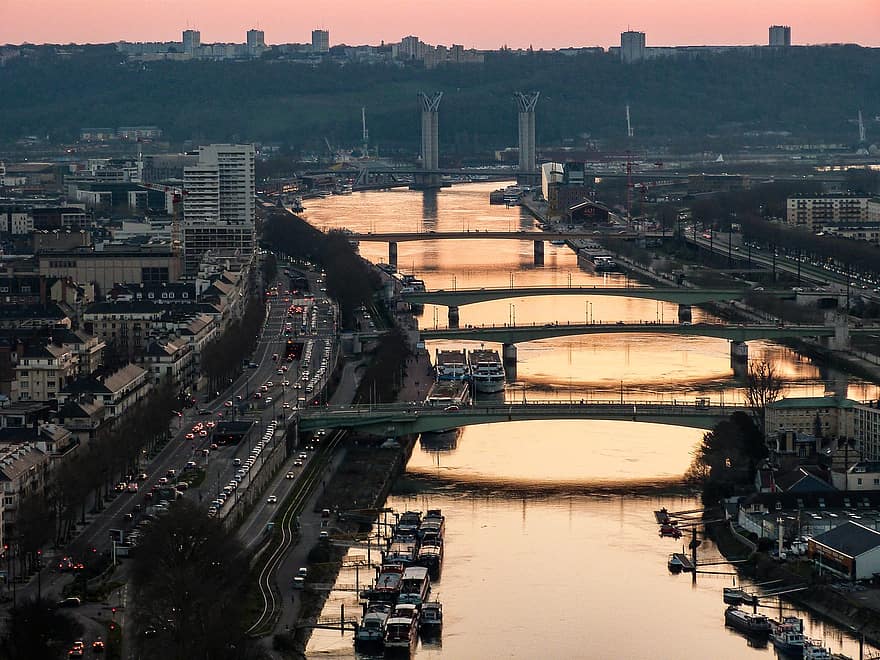 rouen, città, ponti, Francia, Senna, fiume, tramonto, edifici, urbano, auto, paesaggio urbano