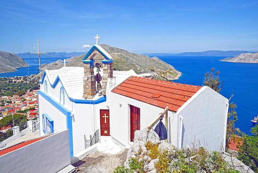 baznīca, simi, Grieķija, arhitektūra, grieķu, gleznaina, salu, grieķu salas, kalns, krastā, skats