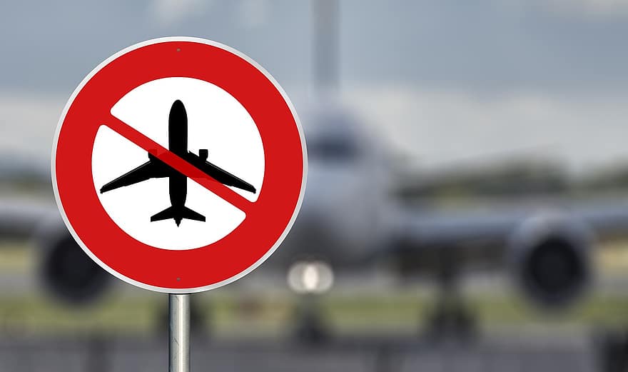flygplan, förbjuda, sluta, flygande, Air Miles, klimatskydd, klimat, Stopp skylt, skydda, röd, förbjuden