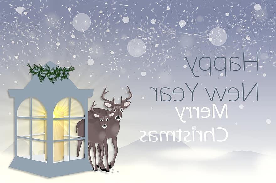 nyttår, jul, hilsen, snø, vinter, god jul, godt nytt år, feiring, lykt, hjort, ferien