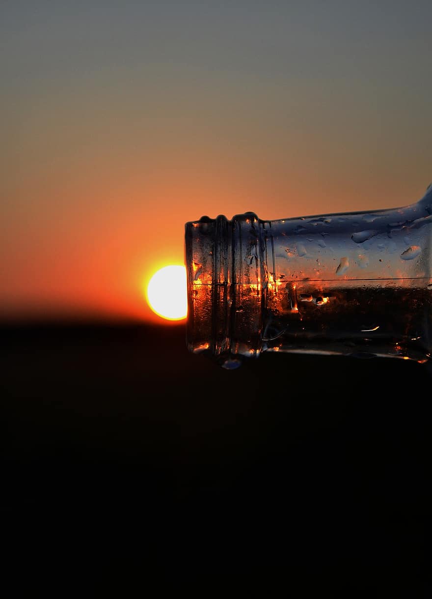 flaska, Sol, solnedgång, skymning, glas, närbild, flytande, bakgrunder, bakgrundsbelyst, dryck, enda objekt