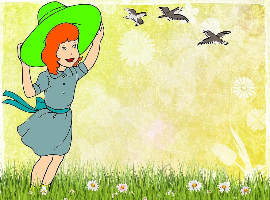 lány, kert, madarak, virágok, tavaszi, gyerekes, gyermekkor, kislány, zöld fű, Linda, gyermek