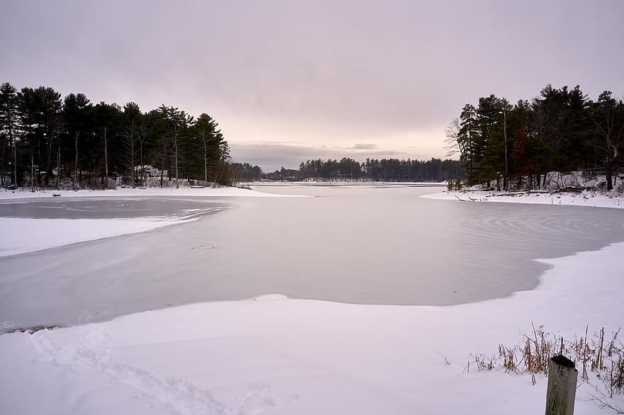 frozen, lake, ice, pond, nature, outdoor, snow, winter, icy, climate, sky