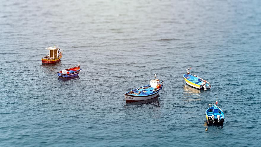boten, roeiboten, oceaan, zee, visvangst, nautisch schip, water, vervoer, zomer, blauw, wijze van transport