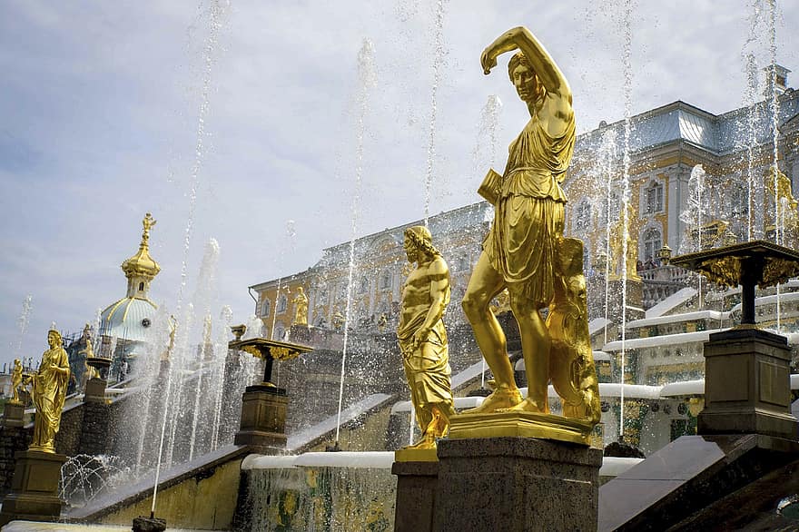 statulos, vandens fontanas, skulptūra, pilis, auksas, vanduo, sodas, istorinis