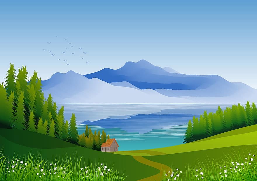 illustrazione, paesaggio, natura, sfondo, disegno, pittura, arte, piante, montagna, cielo, blu
