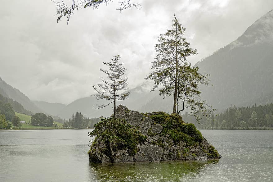 akmenys, ežeras, medžiai, roko formavimas, augalai, atspindys, atspindėjimas, veidrodinis vaizdas, kalnai, bavaria, berchtesgaden