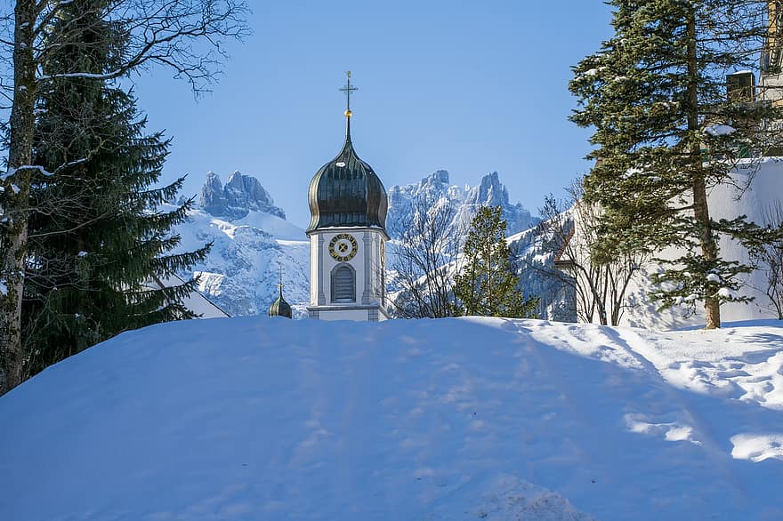 Church, Tower, Winter, Clock, Village, Snow, Mountain, Town, Building, Architecture, Engelberg