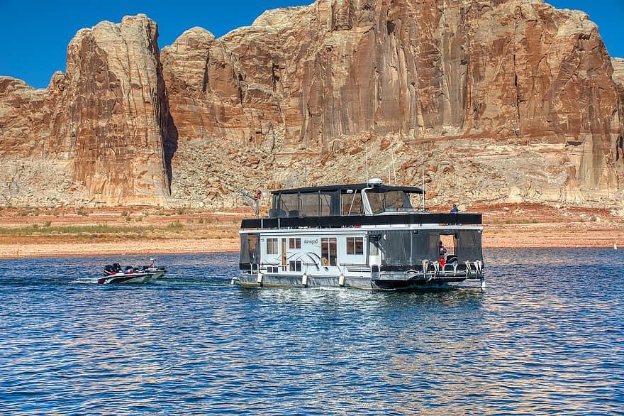 Boat, Lake, Lake Powell, Rocks, Desert, Canyon, Arizona, Water, Usa, Dam, Scenic