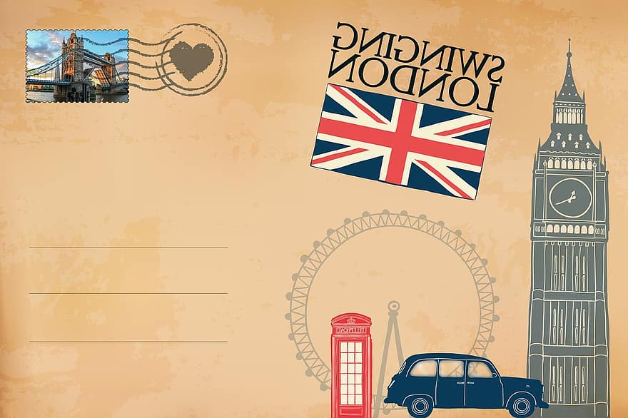 tarjeta postal, Londres, gran Ben, cabina telefónica, vendimia, antiguo, ciudad cosmopolita, punto de referencia, sello, nuevo, puente de la Torre