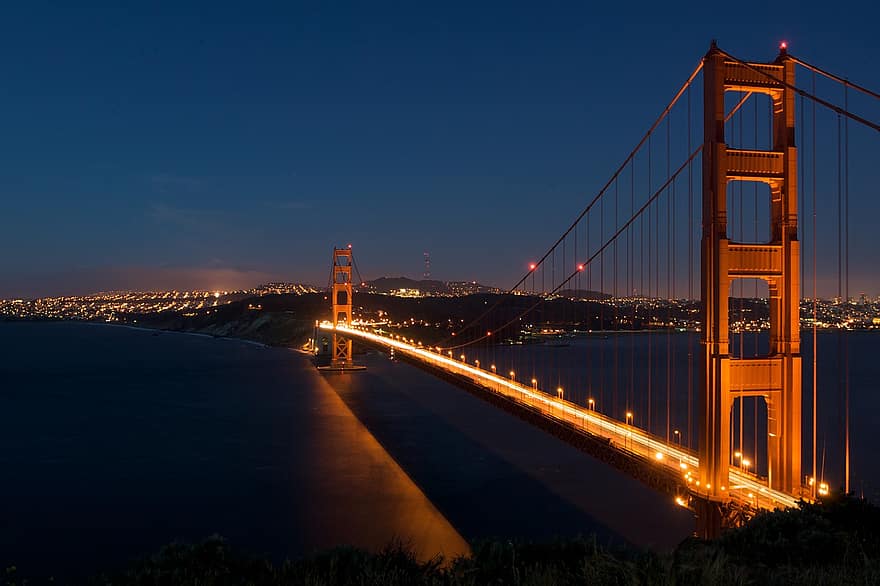 Golden Gate, Bridge, Night, Lights, Strait, Bay, Sea, Ocean, Reflection, Landmark, Famous