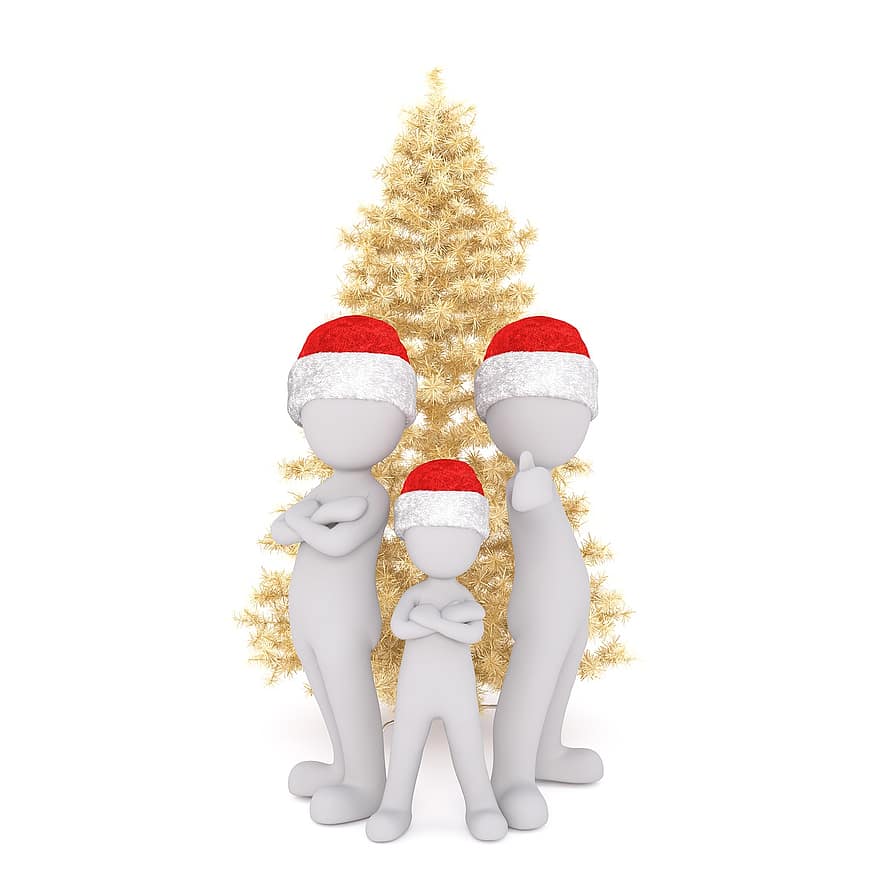 jul, vit manlig, hela kroppen, santa hatt, 3d modell, figur, isolerat, gyllene, 3d, familj, jultid