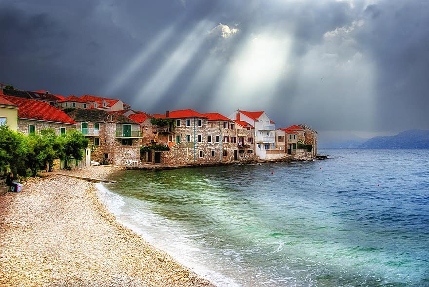 クロアチア、ビーチ、太陽光線、太陽の光、旅行、休日、夏、海、風景、自然