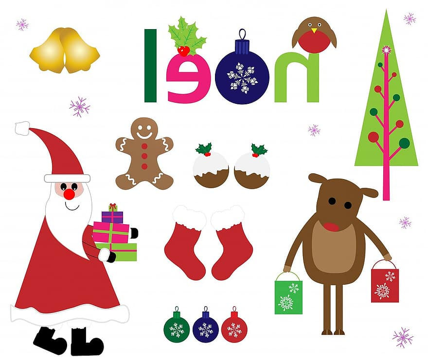 Noël, Père Noël, père Noël, cloche, cloches, flocons de neige, éléments, art, pain d'épice, bonhomme en pain d'épice, bas de noël