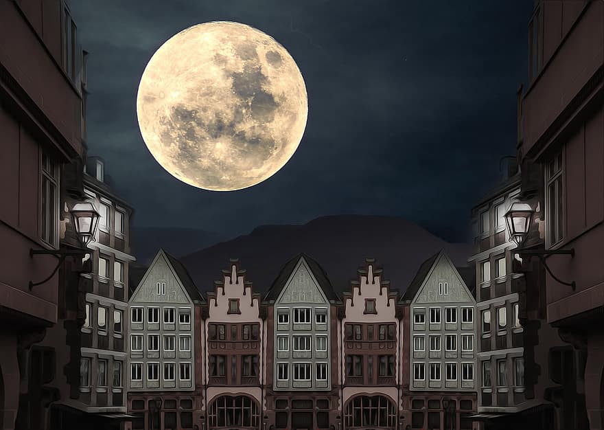 by, natt, måne, stad, hus, arkitektur, fullmåne, mörk, Quiant, byggnad exteriör, månsken