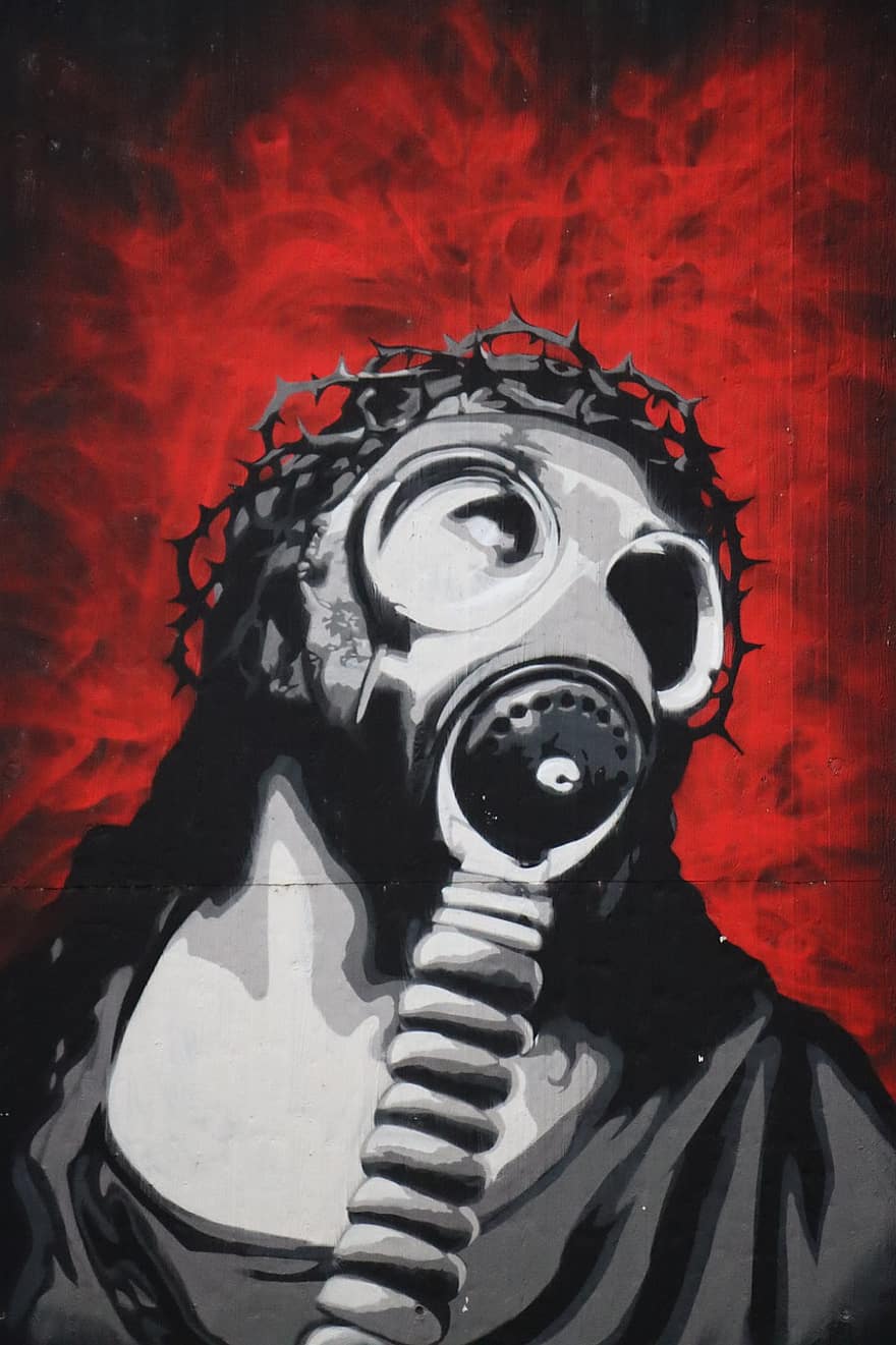 maska, svatý, Ježíš, plynová maska, apokalypsa, válka, zbraň, plechovka spreje, zeď, oheň