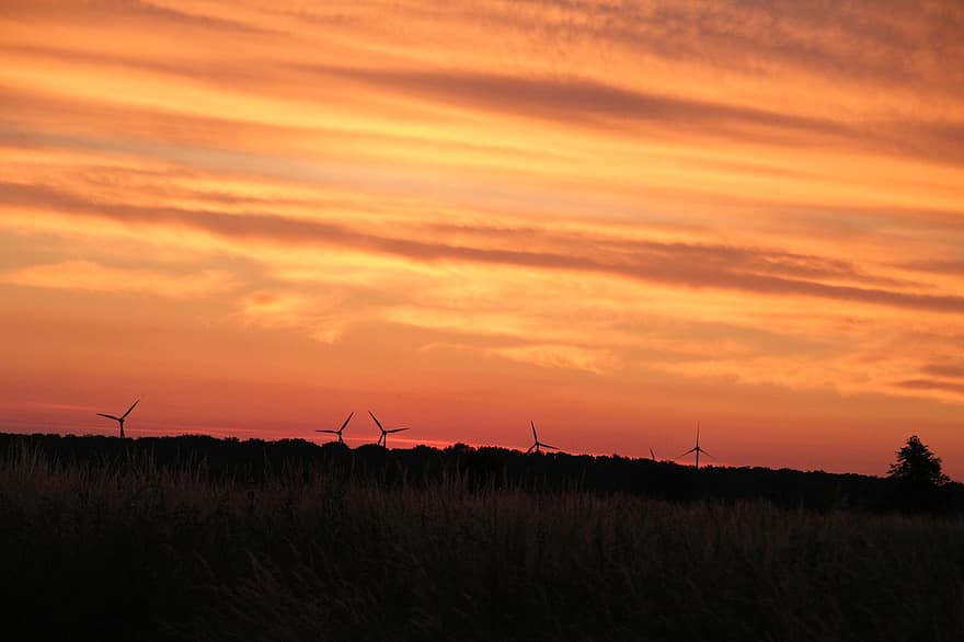 Windmills, Nature, Sunset, Sky, Clouds, Dusk, Environment, Outdoors, Field, Meadow