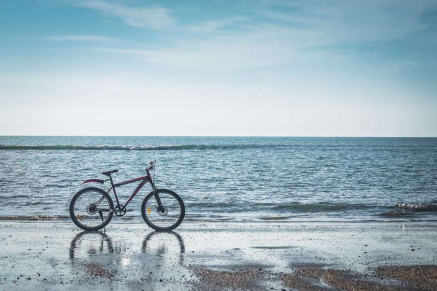 rower, plaża, morze, Jazda rowerem, fale, na dworze, Wybrzeże, horyzont, ocean, zachód słońca