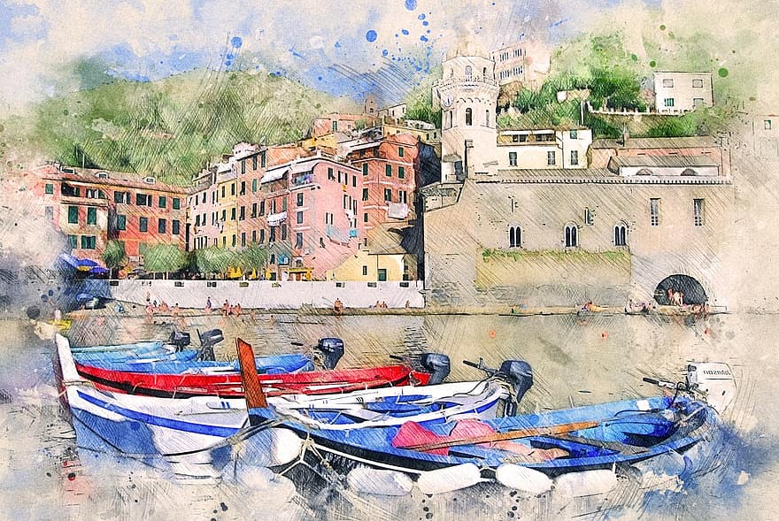лодки, лодка, Remi, дома, цвета, море, воды, порто, гора, зеленый, Cinque Terre
