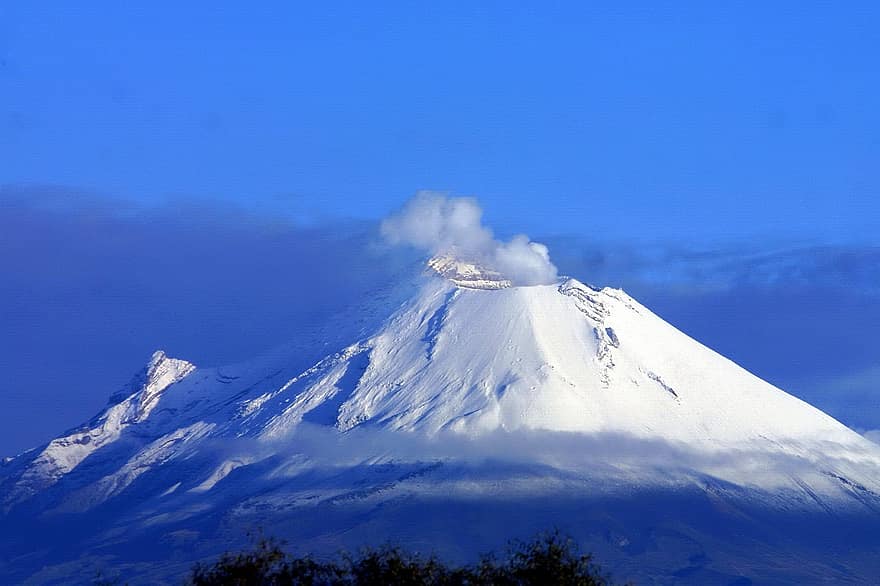 popocatepetl, vulkanas, vaizdas, fumarolis, sniegas, kalnas, kalnų viršūnė, mėlyna, kraštovaizdį, debesis, dangus