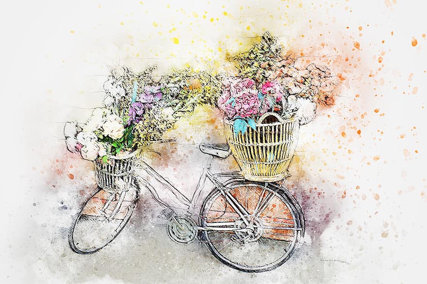 kerékpár, virágok, Művészet, absztrakt, vízfestmény, szüret, póló, művészeti, romantikus, tervezés, festék fröccs