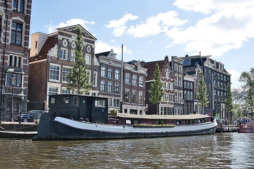 ボート、アムステルダム、家、運河、水路
