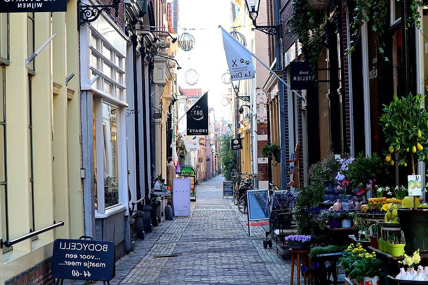 alej, staré Město, obchodů, ulice, chodník, město, městský, prázdný, alkmaar, Holandsko, architektura